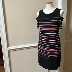 White House Black Market - Black, Plum and White Striped Cold Shoulder Dress